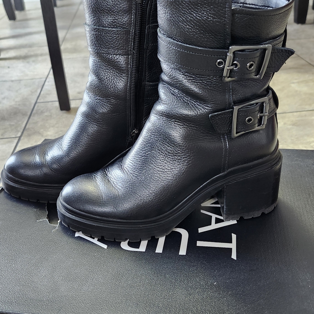 Clarks Black Leather Moto Boots with Buckles